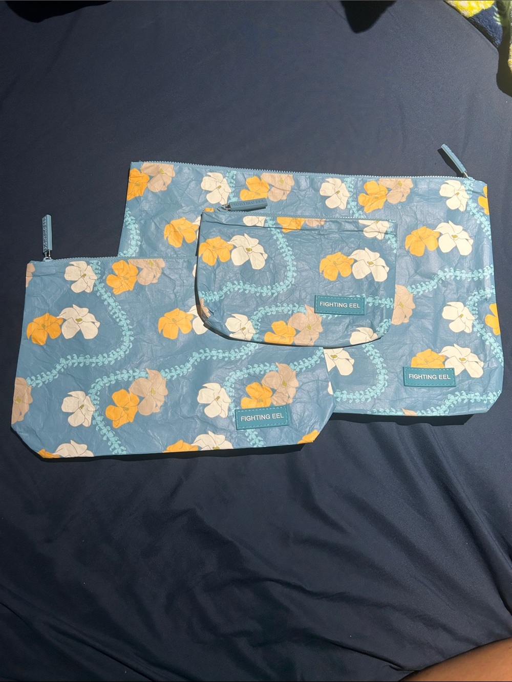 NWOT Fighting Eel Blue Puakenikeni Lei Floral Zip Pouch Trio